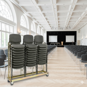 30 Økonomi Polster stabelstole i mørkegrå inkl. stolevogn til 30 stole