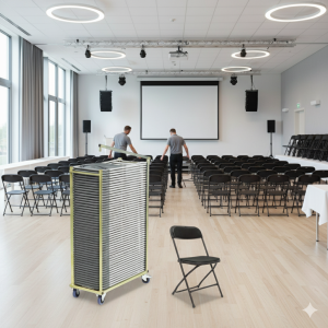 40 Event klapstole m. polster i sort inkl. stolevogn