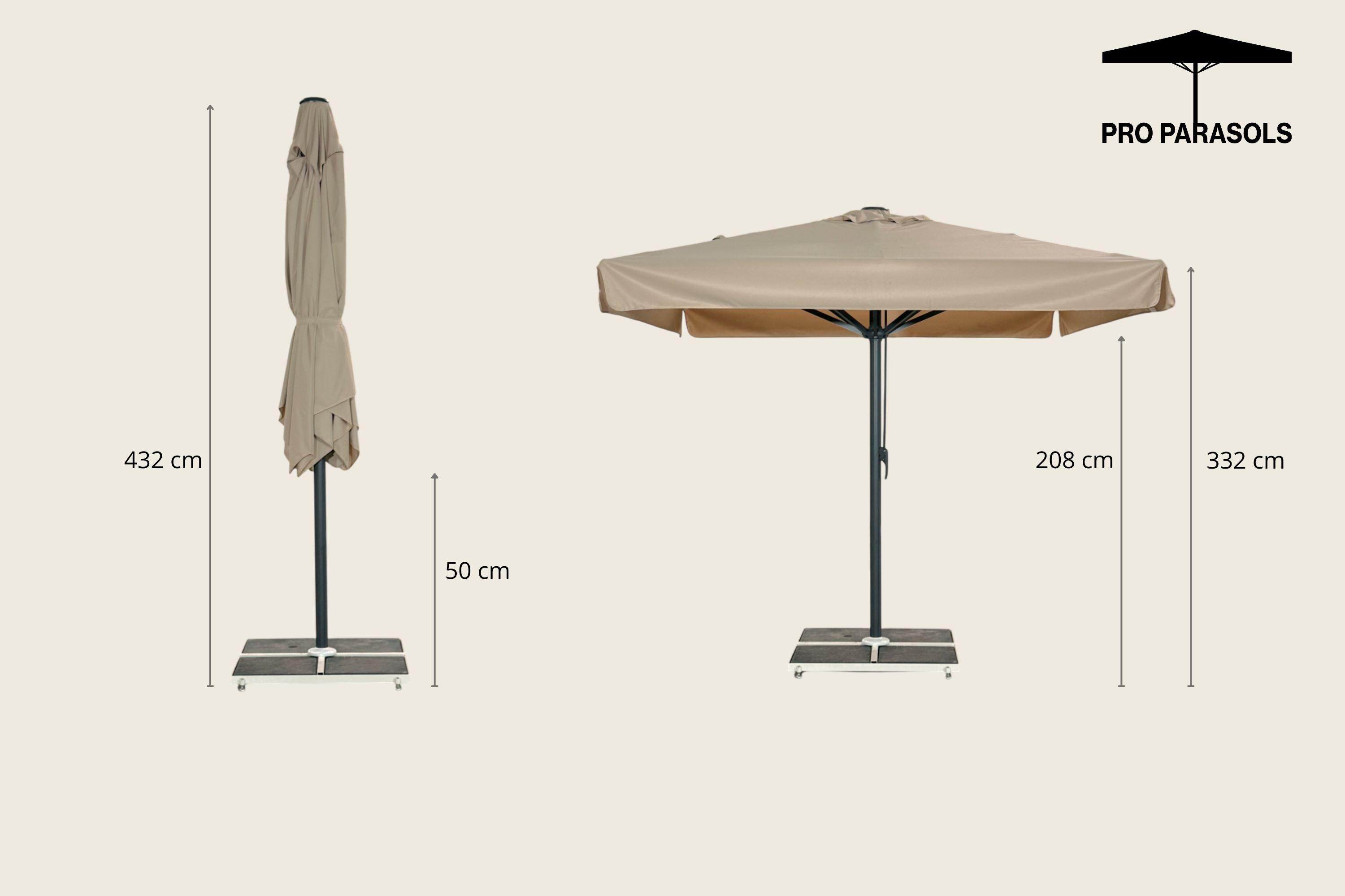 Kæmpeparasol 5x5m komplet m/frise - Hvidt Stativ