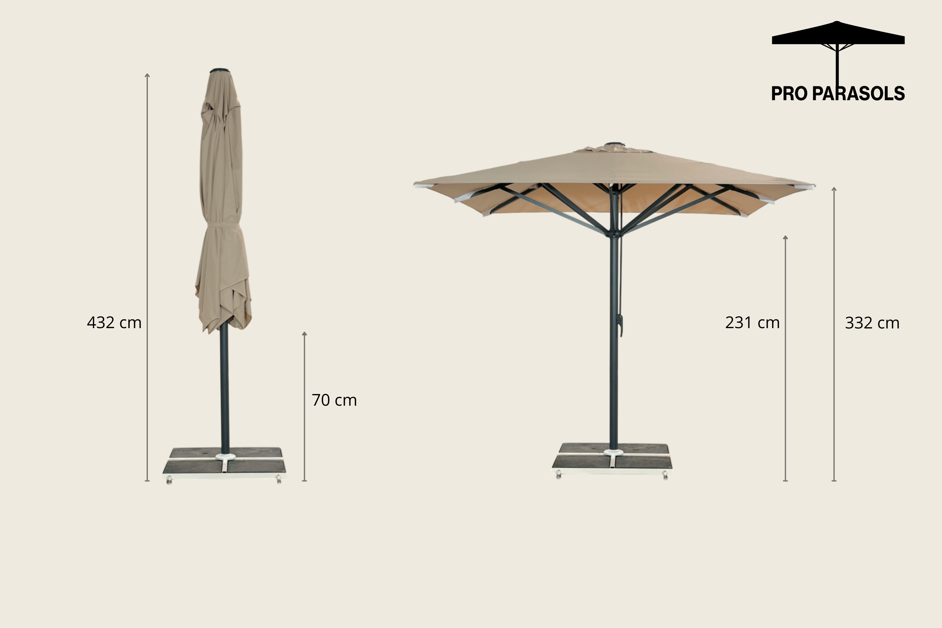 Kæmpeparasol 5x5m komplet u/frise - Gråt Stativ