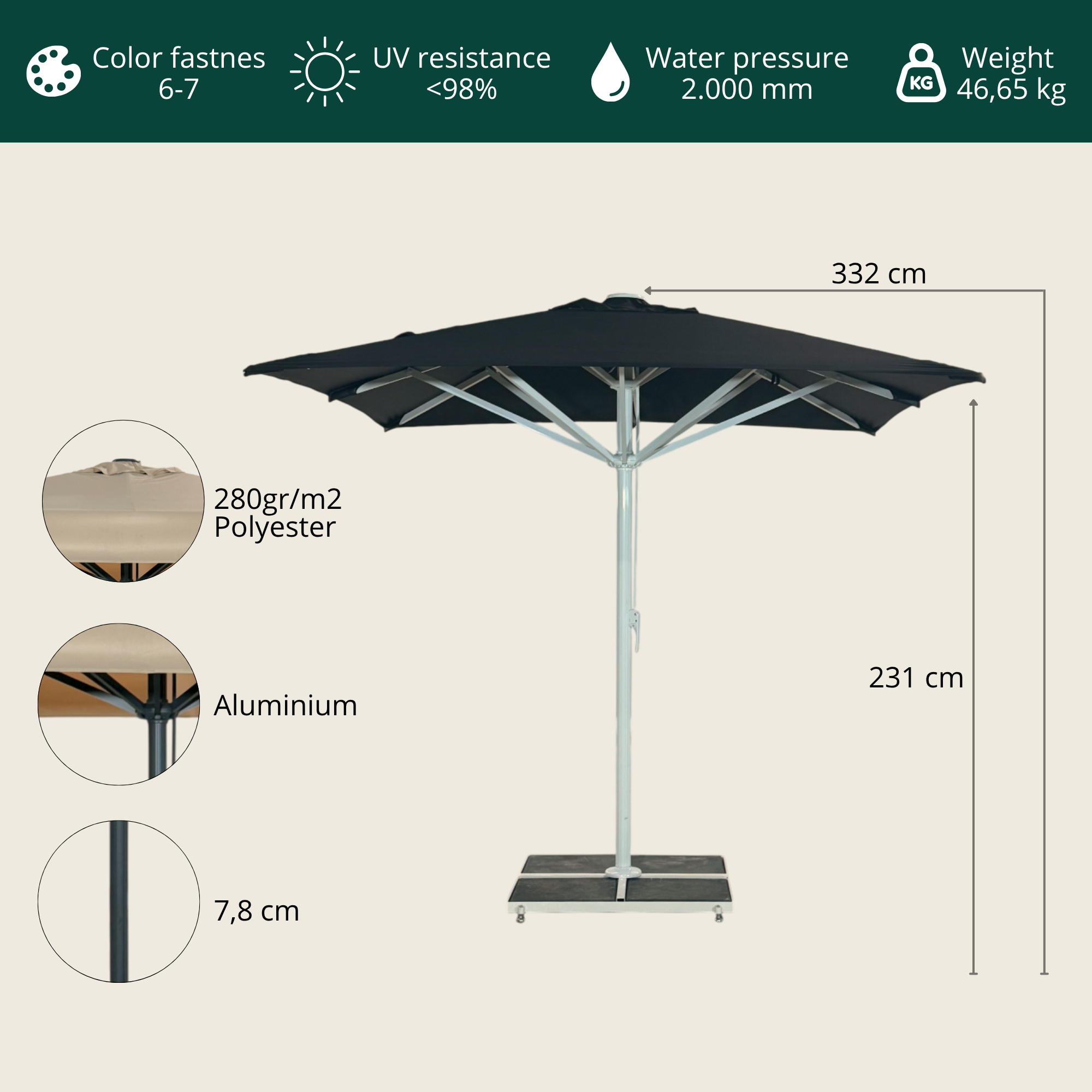 Kæmpeparasol 5x5m komplet u/frise - Gråt Stativ